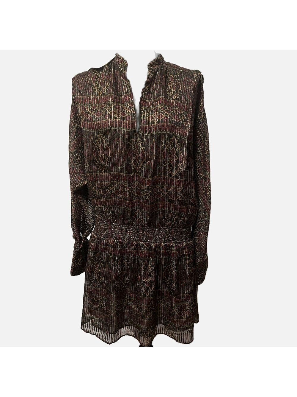 $495 FRAME Silk Mini Dress Ruched Paisley Metallic Lurex Large Lined Long Sleeve